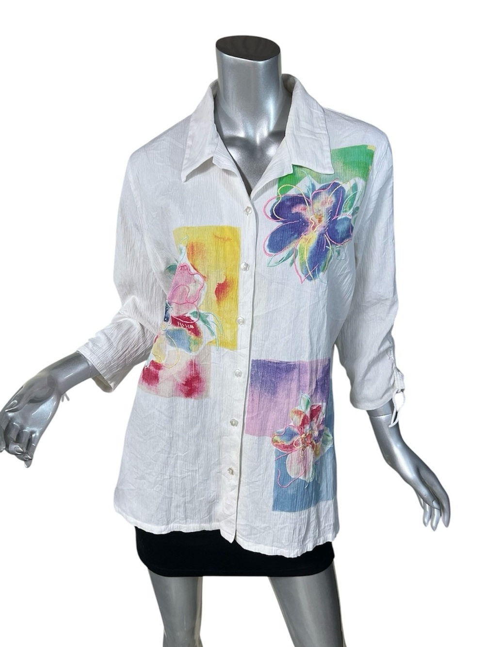 Koret Women’s Large White Embroidered Beaded Button Front Top Collar Blouse